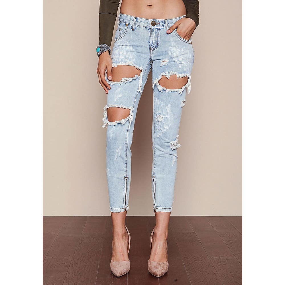 One Teaspoon Trashed Freebirds Ankle Low Rise Light Wash Distressed Jeans 24